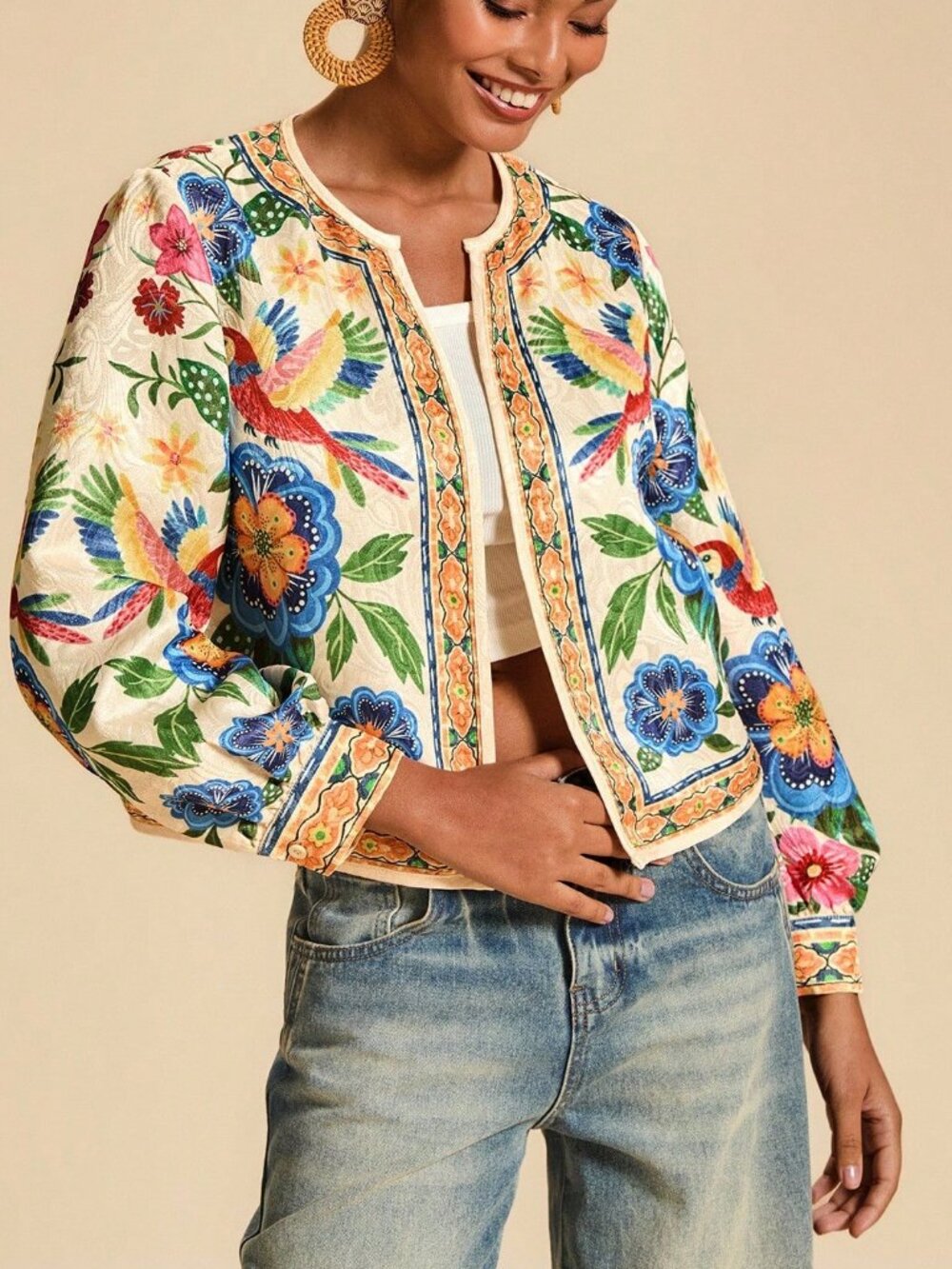 Multicolor Casual Women's Floral Print Open Front Light Boho Tropical top - Picture 5 of 7